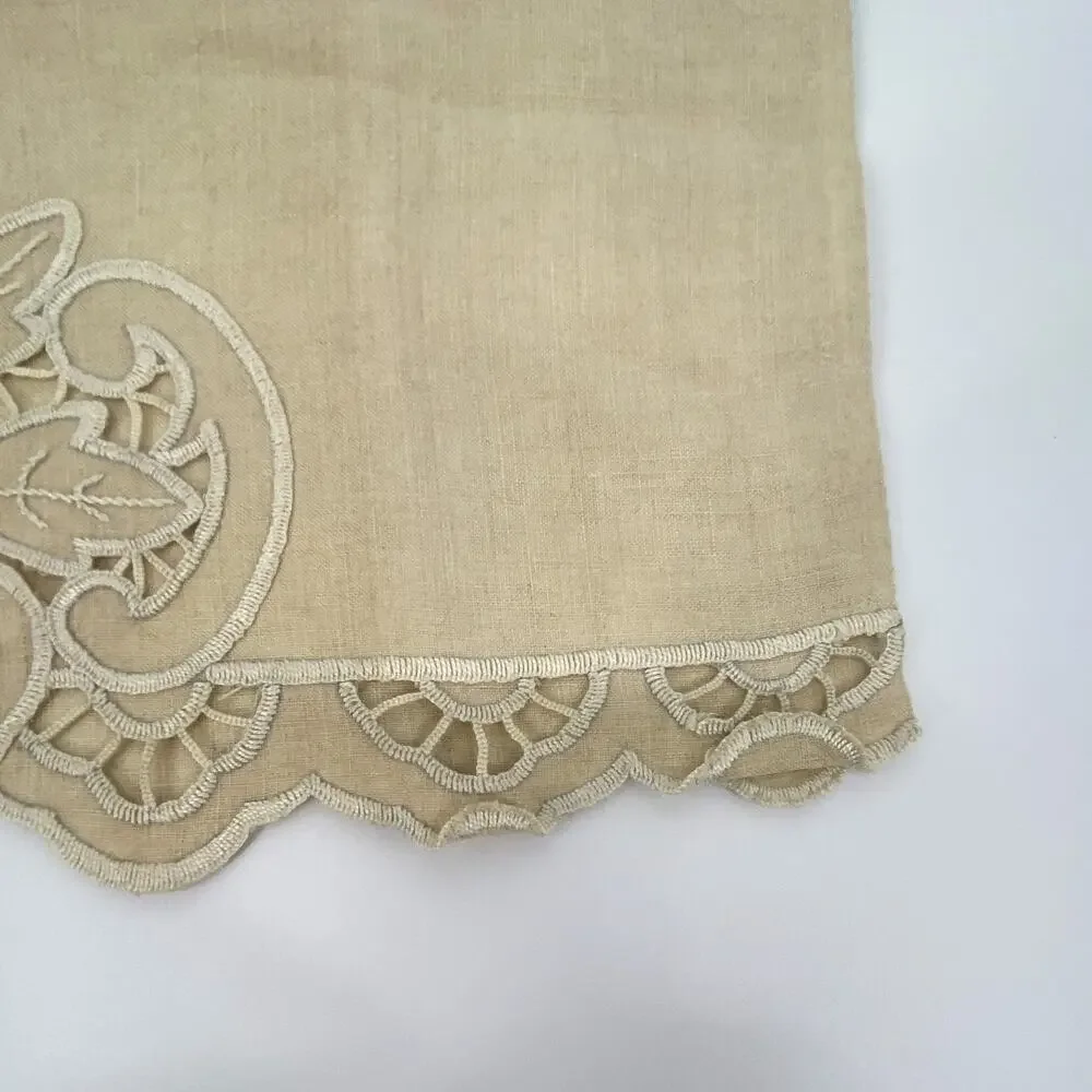 Vintage Linen Dresser Scarf Floral Cutwork Beige Table Runner Cottagecore